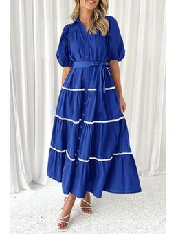 Outzidr - Navy Blue Button Down Puff Sleeved Shirt Maxi Dress