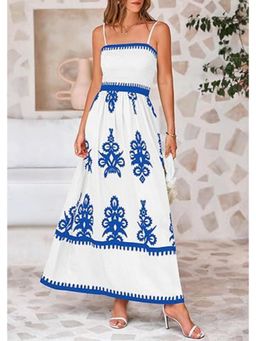 Outzidr - White Strappy Contrast Coloured Printed Maxi Dress