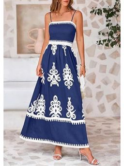 Outzidr - Navy Blue Strappy Contrast Coloured Printed Maxi Dress