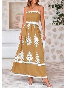 Outzidr - Beige Strappy Contrast Coloured Printed Maxi Dress