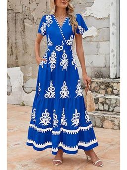 Outzidr - Blue V-Neck Contrast Coloured Printed Maxi Dress