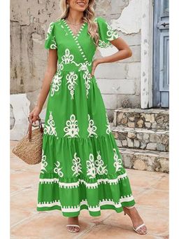 Outzidr - Green V-Neck Contrast Coloured Printed Maxi Dress