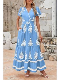 Outzidr - Light Blue V-Neck Contrast Coloured Printed Maxi Dress