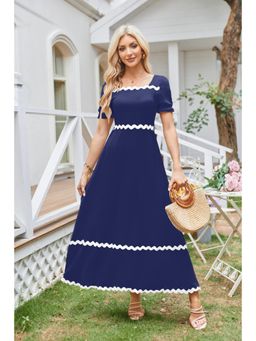 Outzidr - Navy Blue Square Neck Contrast Tipping Maxi Dress
