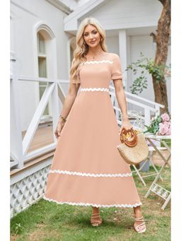 Outzidr - Peach Square Neck Contrast Tipping Maxi Dress