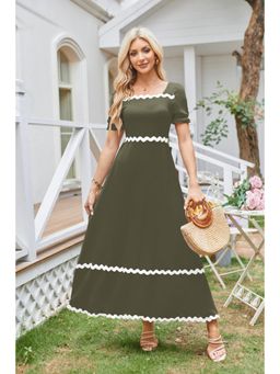 Outzidr - Olive Square Neck Contrast Tipping Maxi Dress