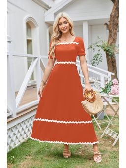 Outzidr - Rust Square Neck Contrast Tipping Maxi Dress