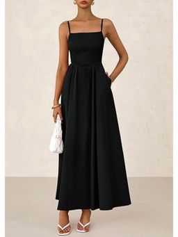 Outzidr - Black Strappy Square Neck Cinched Waist With Pockets Maxi Dress
