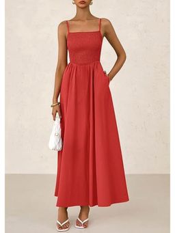 Outzidr - Red Strappy Square Neck Cinched Waist With Pockets Maxi Dress