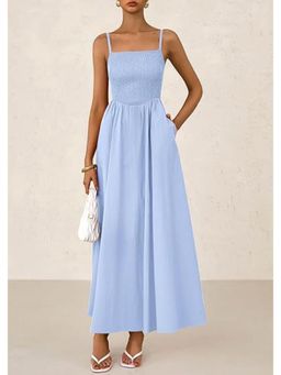 Outzidr - Blue Strappy Square Neck Cinched Waist With Pockets Maxi Dress