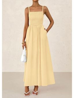 Outzidr - Yellow Strappy Square Neck Cinched Waist With Pockets Maxi Dress