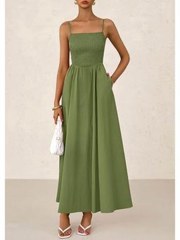 Outzidr - Olive Strappy Square Neck Cinched Waist With Pockets Maxi Dress