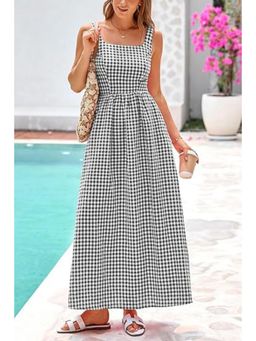 Outzidr - Black Checks Square Neck Cinched Waist Maxi Dress