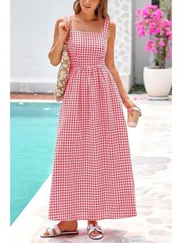 Outzidr - Red Checks Square Neck Cinched Waist Maxi Dress