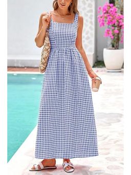 Outzidr - Blue Checks Square Neck Cinched Waist Dress