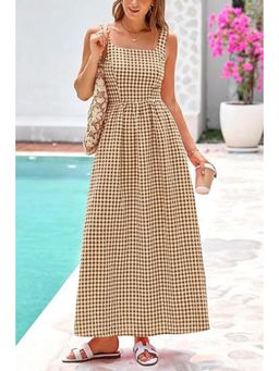 Outzidr - Beige Checks Square Neck Cinched Waist Maxi Dress