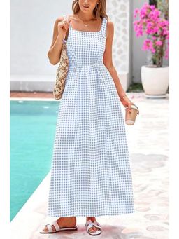 Outzidr - Light Blue Checks Square Neck Cinched Waist Maxi Dress