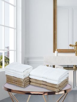 KOPA - 12Pc Quick Dry 100% Cotton Soft Terry Towel -4Pc Hand, 8Pc Face D'Ross Solid-White, Taupe