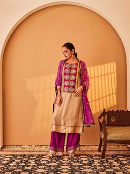 Bo Tree - Beige Gul-E-Rana Kurta with Palazzo and Dupatta (Set of 3)