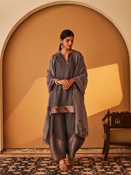 Bo Tree - Grey Anjum Kurta with Palazzo and Dupatta (Set of 3)