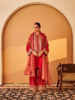 Bo Tree - Red Rabata Kurta with Pant and Dupatta (Set of 3)