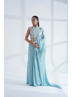 Nidhi Gupta Designs - Blue Sheesh Pre-Draped Saree with Stitched Blouse