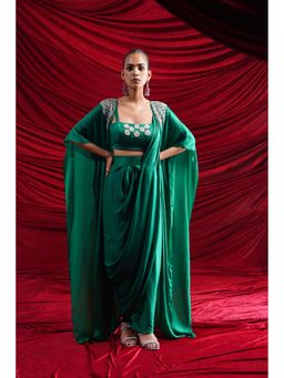 Nidhi Gupta Designs - Green Siyash Pre- Drape Saree with Bralette and Cape
