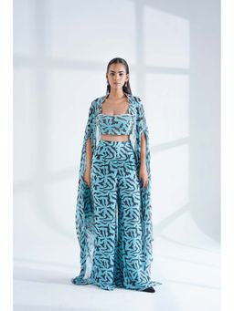 Nidhi Gupta Designs - Blue Neu Cape with Bralette and Pant (Set of 3)