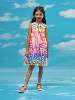 Lil Drama - Rainbow Barbie Girls White Fit and Flare Party Knee Length Dress