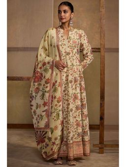 Soch - Beige Tissue Botanical Kurta with Pant and Dupatta