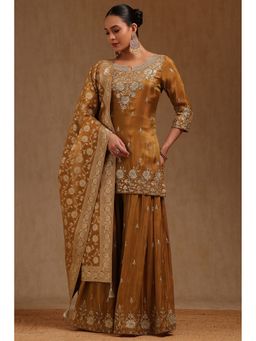 Soch - Brown Tissue Zari Embroidered Kurta with Palazzo and Dupatta