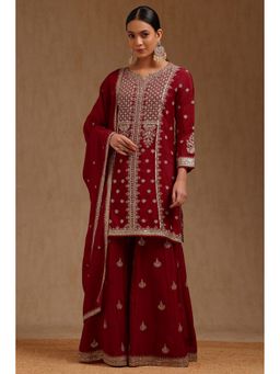 Soch - Brick Red Chinon Sequin Embellished Kurta with Palazzo and Dupatta