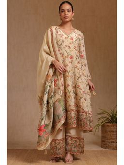 Soch - Beige Tissue Floral Print Kurta with Palazzo and Dupatta