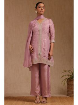 Soch - Onion Pink Tissue Floral Print Kurta with Pant and Dupatta with Sequins