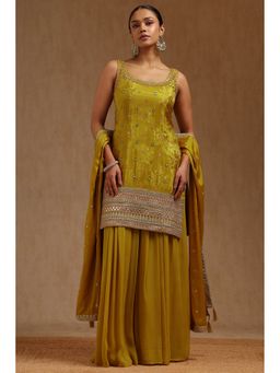 Soch - Mustard Tissue Embroidered Kurta with Palazzo and Dupatta