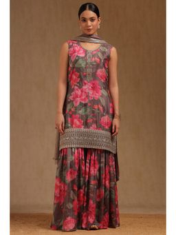 Soch - Brown Chinon Floral Kurta with Sharara and Dupatta