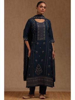 Soch - Navy Blue Organza Embroidered Kurta with Pant and Dupatta