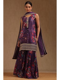 Soch - Purple Chinon Floral Kurta with Sharara and Dupatta with Unstitched Sleeves