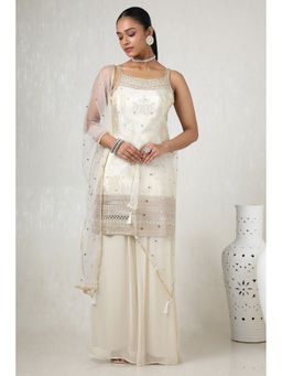 Soch - Off White Tissue Embroidered Kurta with Palazzo and Dupatta with Unstitched Sleeves