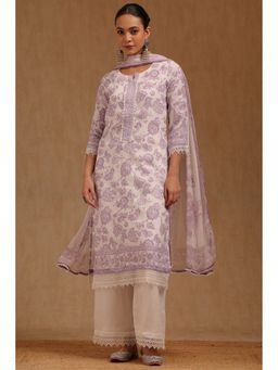 Soch - Off White Linen Floral Kurta with Pant and Dupatta