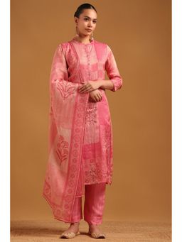 Soch - Pink Tissue Botanical Hand Embroidery Kurta with Pant and Dupatta