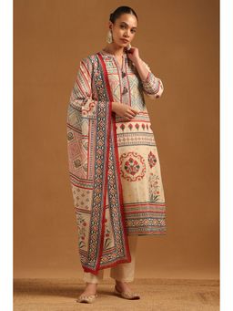 Soch - Cream Mul Chanderi Ethnic Motifs Kurta with Pant and Dupatta