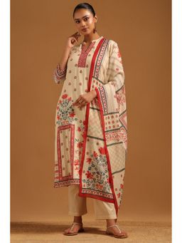 Soch - Cream Mul Chanderi Floral Kurta with Pant and Dupatta