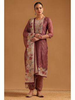 Soch - Mauve Pure Cotton Floral Kurta with Pant and Dupatta