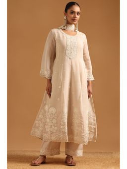 Soch - Beige Mul Chanderi Floral Hand Embroidery Kurta with Pant and Dupatta