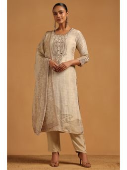 Soch - Beige Silk Botanical Beads and Stones Kurta with Pant and Dupatta
