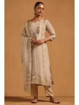Soch - Beige Silk Botanical Beads and Stones Kurta with Pant and Dupatta