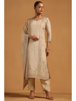 Soch - Beige Silk Botanical Beads and Stones Kurta with Pant and Dupatta