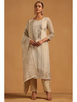 Soch - Beige Paisley Botanical Beads and Stones Kurta with Pant and Dupatta