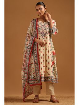 Soch - Cream Mul Chanderi Floral Kurta with Pant and Dupatta